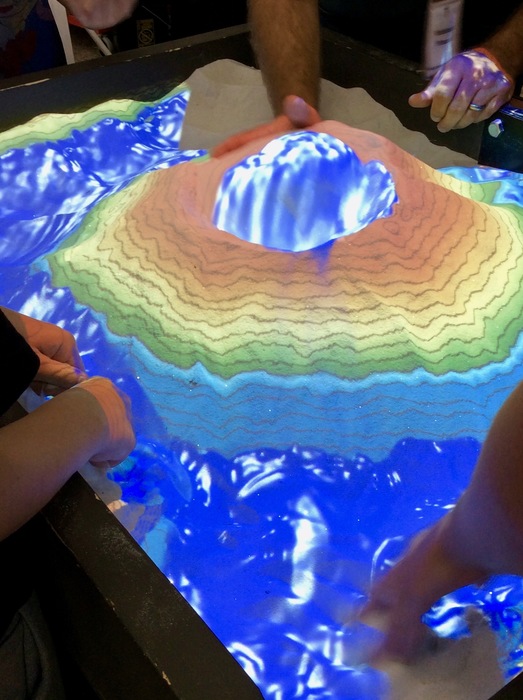 A landform created in the virtual sandbox.  Virtual water flows over the landscape!